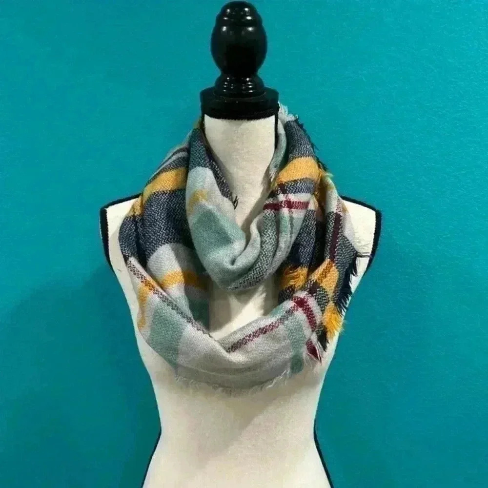 Plaid blue and yellow infinite scarf